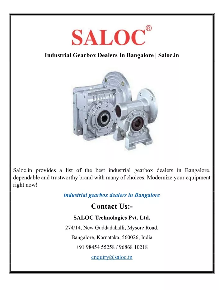industrial gearbox dealers in bangalore saloc in