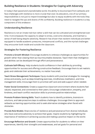Building Resilience in Students Strategies for Coping with Adversity