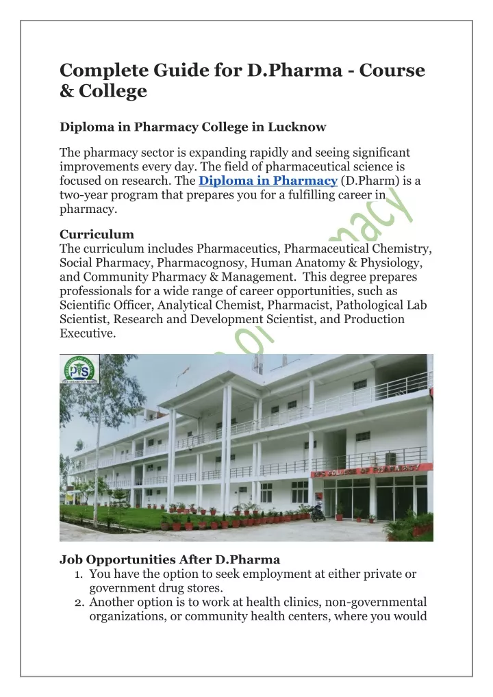 complete guide for d pharma course college
