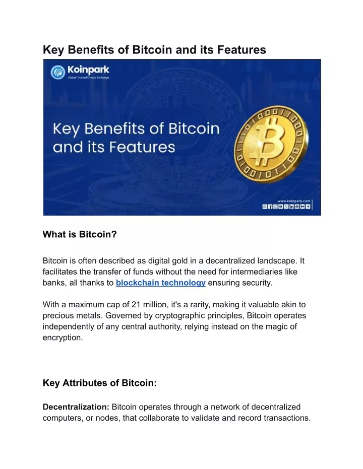 key benefits of bitcoin and its features