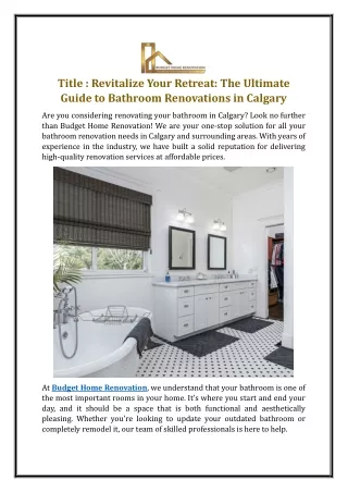 Revitalize Your Retreat: The Ultimate Guide to Bathroom Renovations in Calgary