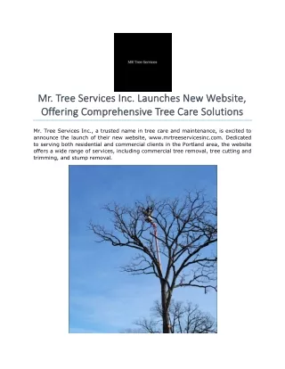 Mr. Tree Services Inc. Launches New Website, Offering Comprehensive Tree Care Solutions