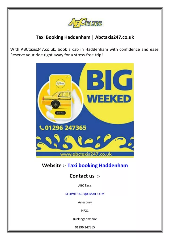 taxi booking haddenham abctaxis247 co uk