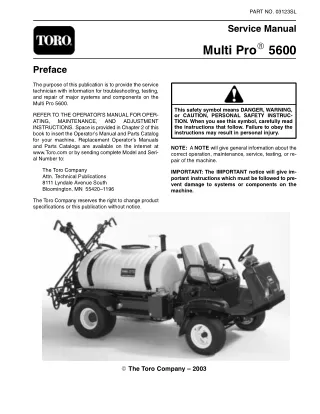 Toro Multi-Pro 5600 Sprayer Service Repair Manual