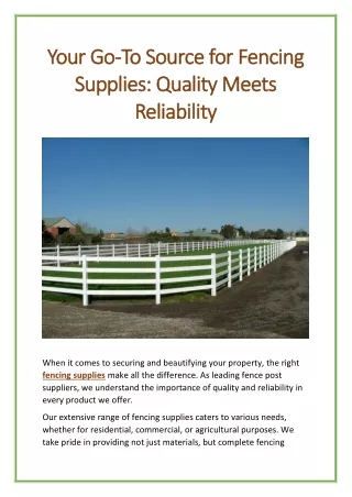 Your Go-To Source for Fencing Supplies: Quality Meets Reliability