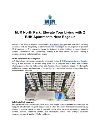MJR North Park - Elevate Your Living with 2 BHK Apartments Near Bagalur