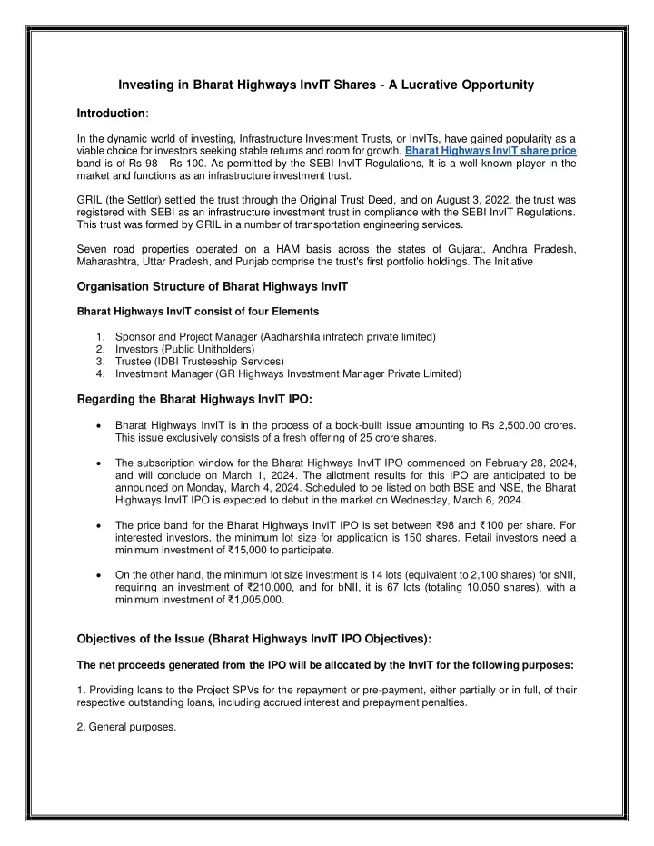 investing in bharat highways invit shares