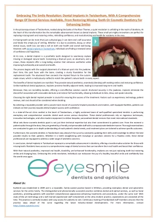 Embracing The Smile Revolution Dental Implants In Twickenham, With A Comprehensive Range Of Dental Services Available, F