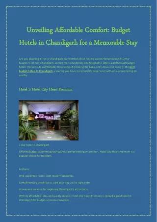 Unveiling Affordable Comfort: Budget Hotels in Chandigarh for a Memorable Stay