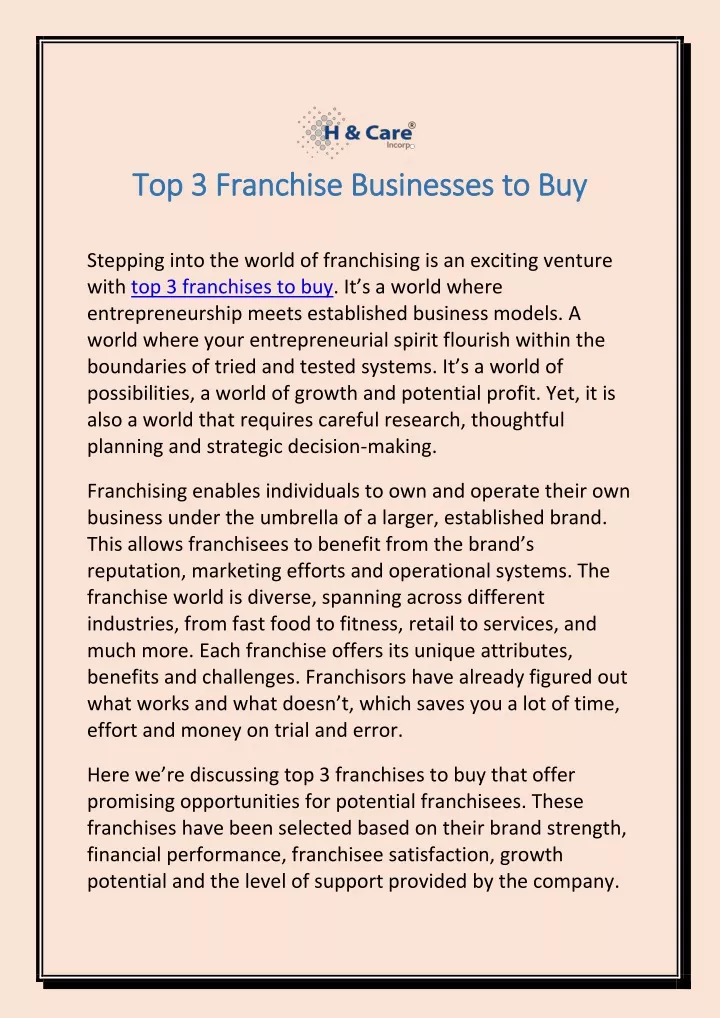top 3 franchise businesses to buy top 3 franchise