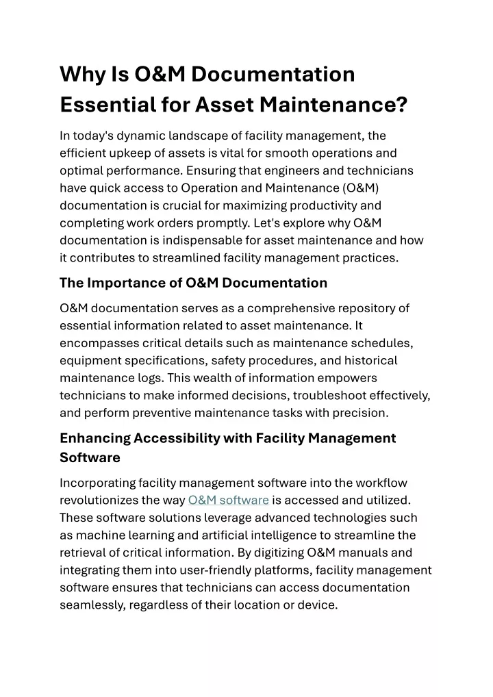 why is o m documentation essential for asset