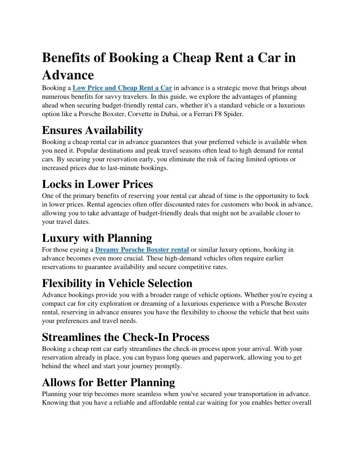 benefits of booking a cheap rent a car in advance