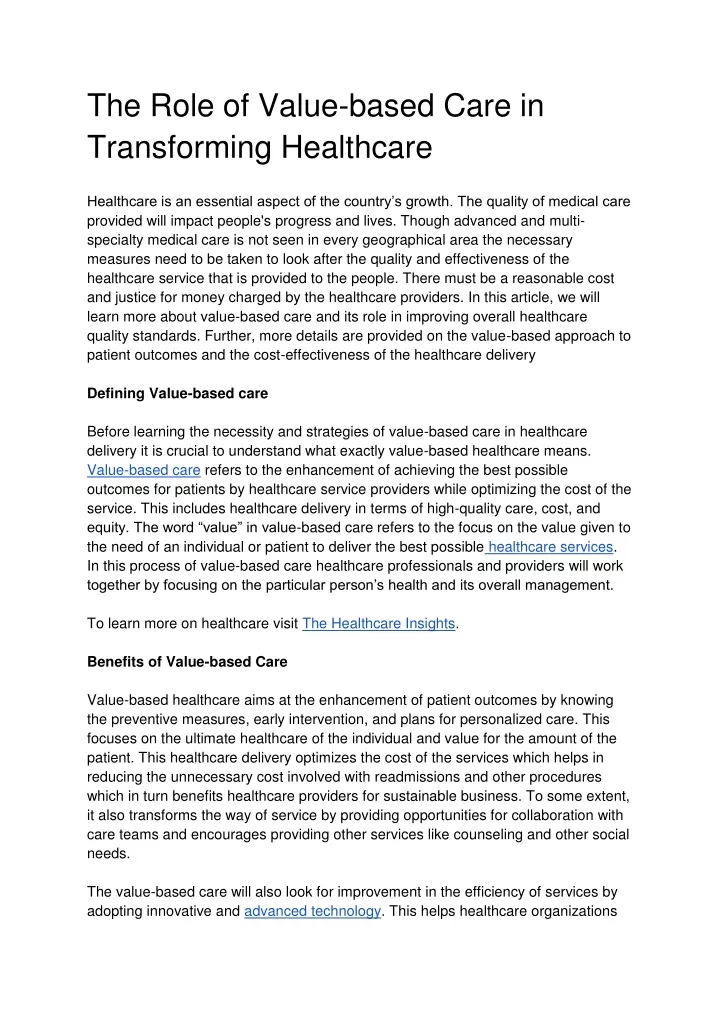 the role of value based care in transforming