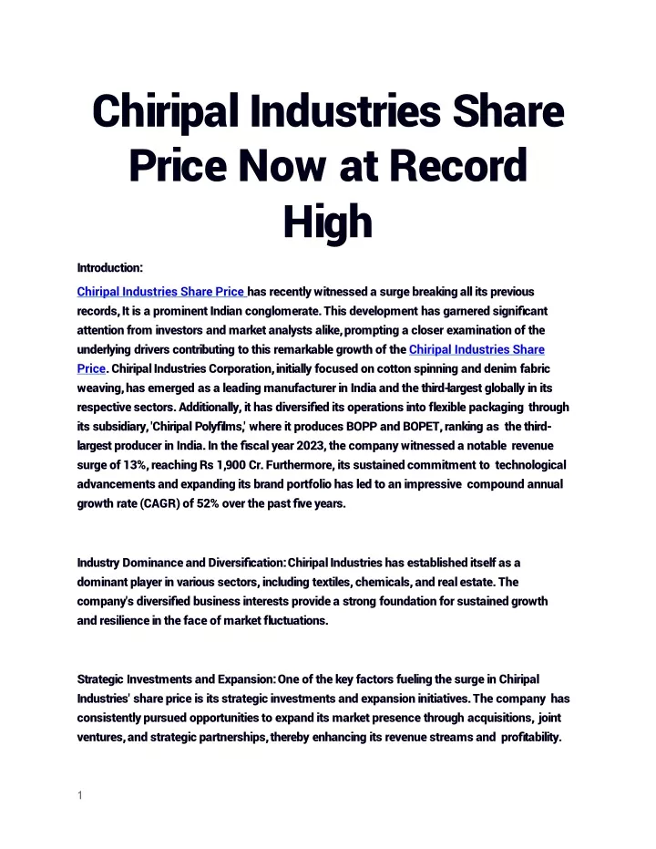 chiripal industries share price now at record high