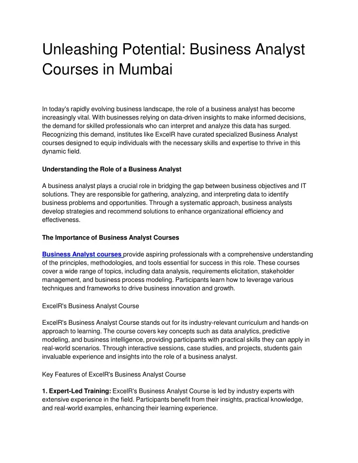 unleashing potential business analyst courses in mumbai