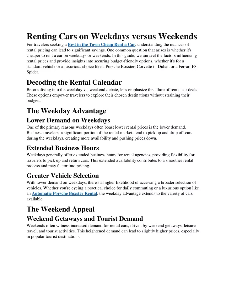 renting cars on weekdays versus weekends