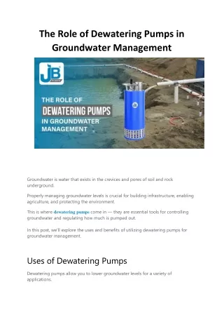 The Role of Dewatering Pumps in Groundwater Management