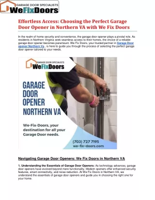 Perfect Garage Door Opener in Northern VA with We Fix Doors