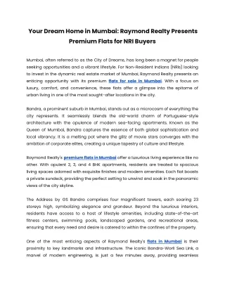 Your Dream Home in Mumbai: Raymond Realty Presents Premium Flats for NRI Buyers