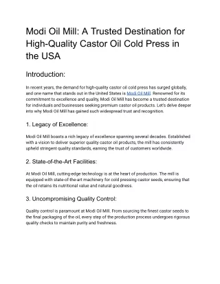 Modi Oil Mill_ A Trusted Destination for High-Quality Castor Oil Cold Press in the USA