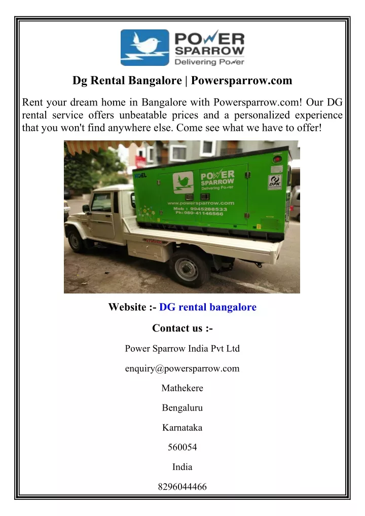 dg rental bangalore powersparrow com