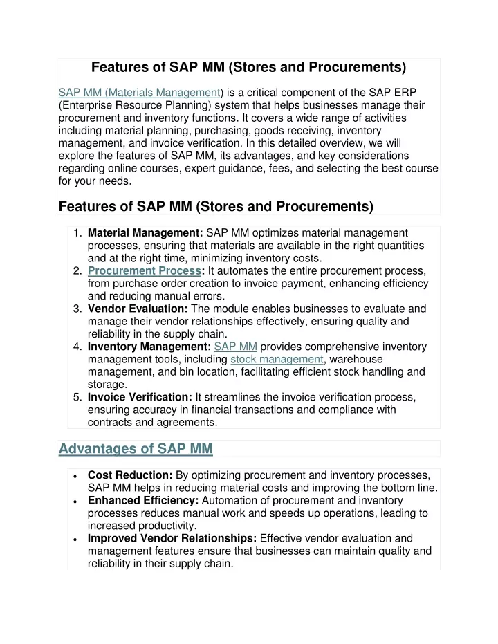 features of sap mm stores and procurements