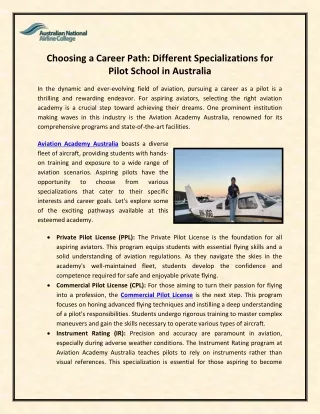 Choosing a Career Path Different Specializations for Pilot School in Australia