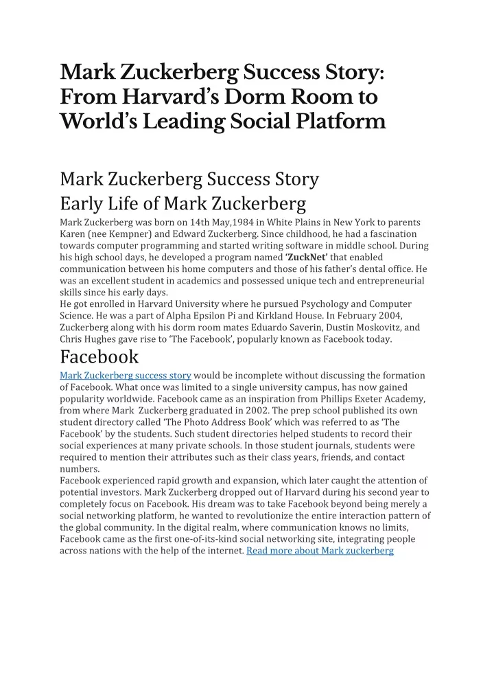 mark zuckerberg success story from harvard s dorm