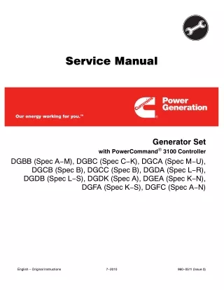 Cummins Onan DGDB Generator Set with Power Command 3100 Controller Service Repair Manual