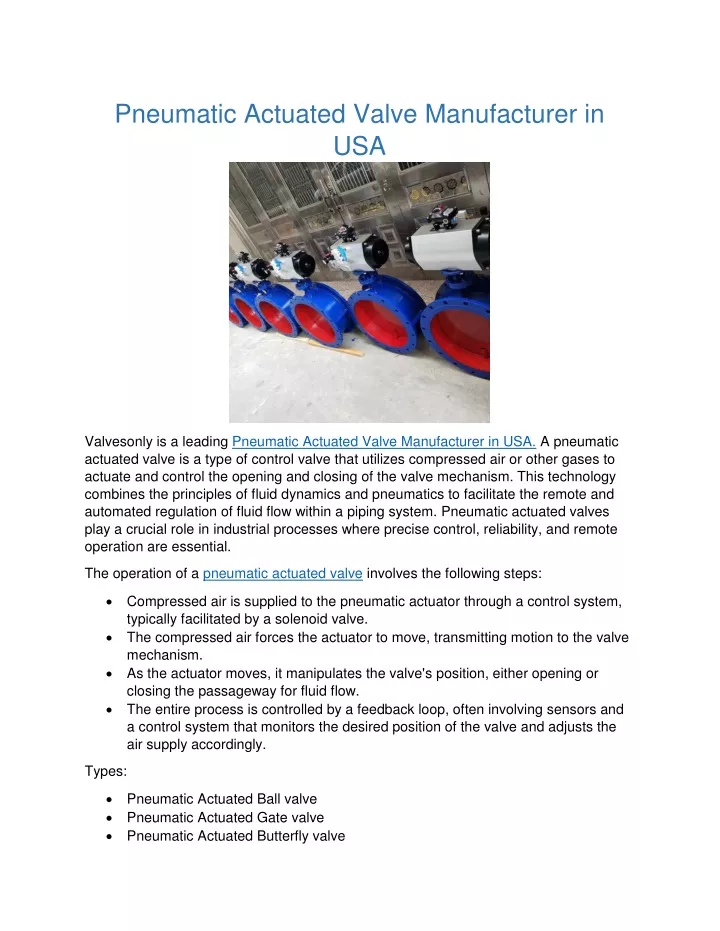 pneumatic actuated valve manufacturer in usa