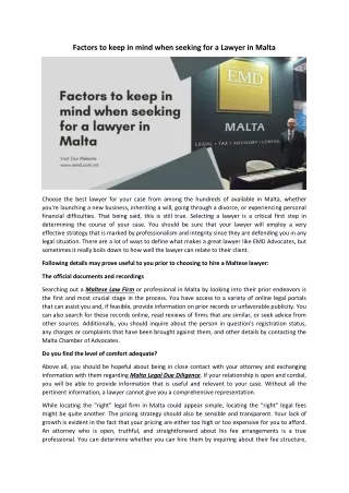 Factors to keep in mind when seeking for a Lawyer in Malta
