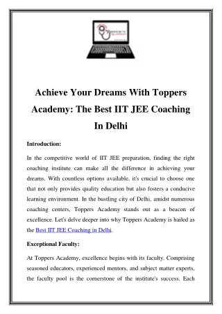 Achieve Your Dreams With Toppers Academy: The Best IIT JEE Coaching In Delhi