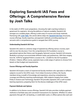 Exploring Sanskriti IAS Fees and Offerings: A Comprehensive Review by Josh Talks