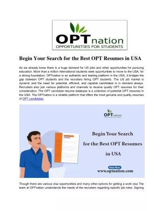Begin Your Search for the Best OPT Resumes in USA