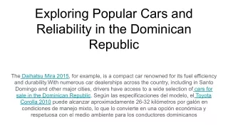 Exploring Popular Cars and Reliability in the Dominican Republic