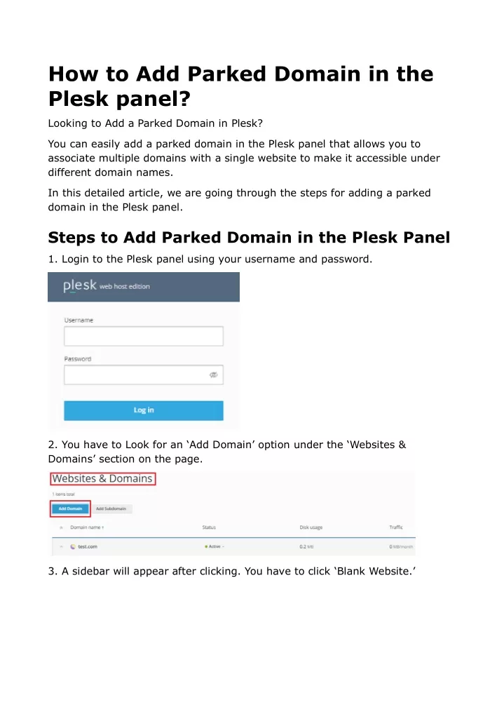 how to add parked domain in the plesk panel