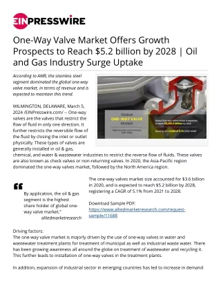 One Way Valve Expand Robustly at CAGR of 5.1% by 2028