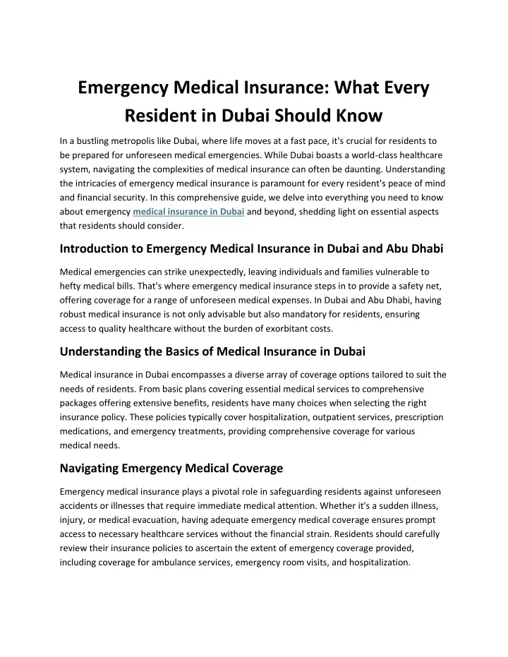 emergency medical insurance what every resident