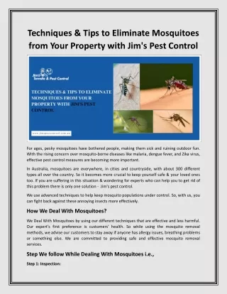 Techniques and Tips to Eliminate Mosquitoes from Your Property with Jim's Pest Control