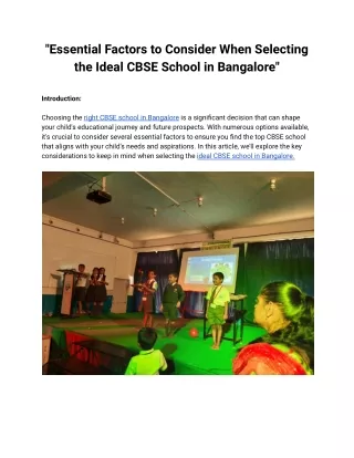 "Essential Factors to Consider When Selecting the Ideal CBSE School in Bangalore