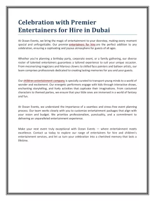 Celebration with Premier Entertainers for Hire in Dubai