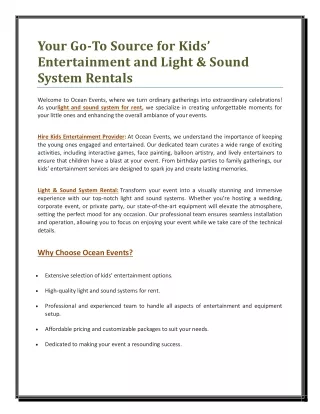 Your Go-To Source for Kids’ Entertainment and Light & Sound System Rentals