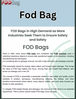 FOD Bags in High Demand as More Industries Seek Them to Ensure Safety and Safety