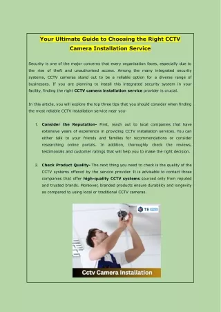 Your Ultimate Guide to Choosing the Right CCTV Camera Installation Service