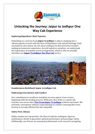 Jaipur to Jodhpur One Way Cab Experience