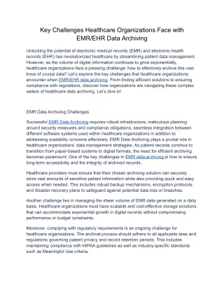 Key Challenges Healthcare Organizations Face with EMR EHR Data Archiving