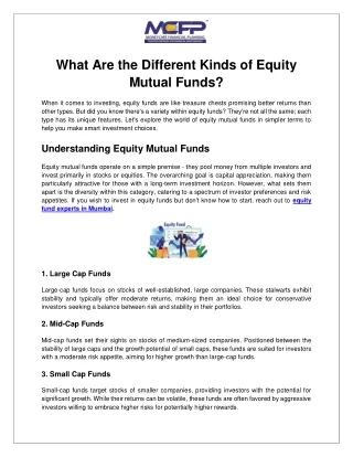 What Are the Different Kinds of Equity Mutual Funds