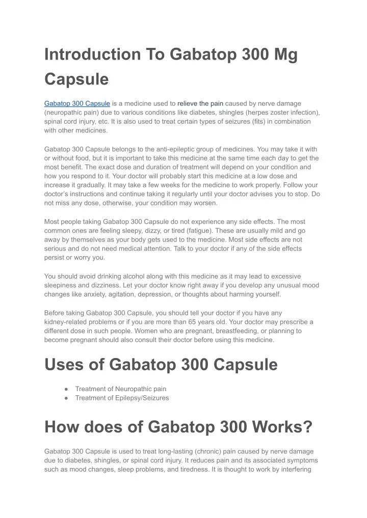 introduction to gabatop 300 mg capsule