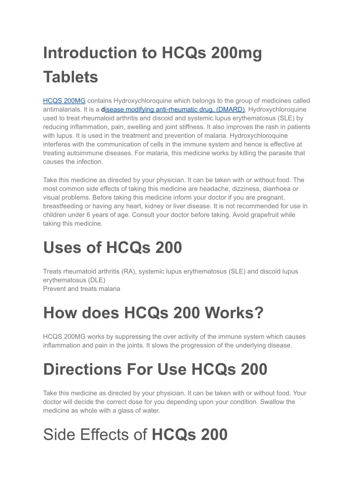 introduction to hcqs 200mg tablets