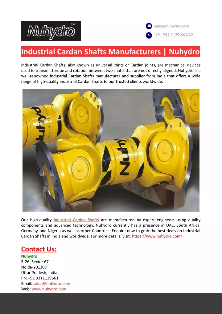 industrial cardan shafts manufacturers nuhydro